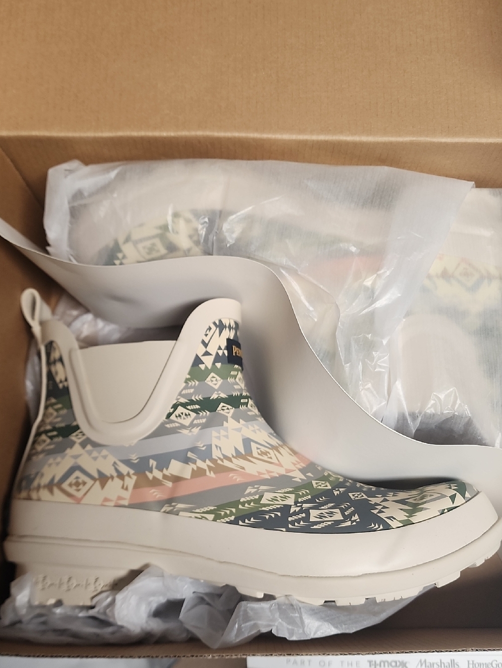 Pendleton Patterned Ankle Rain Boots in Cream, Green & Navy